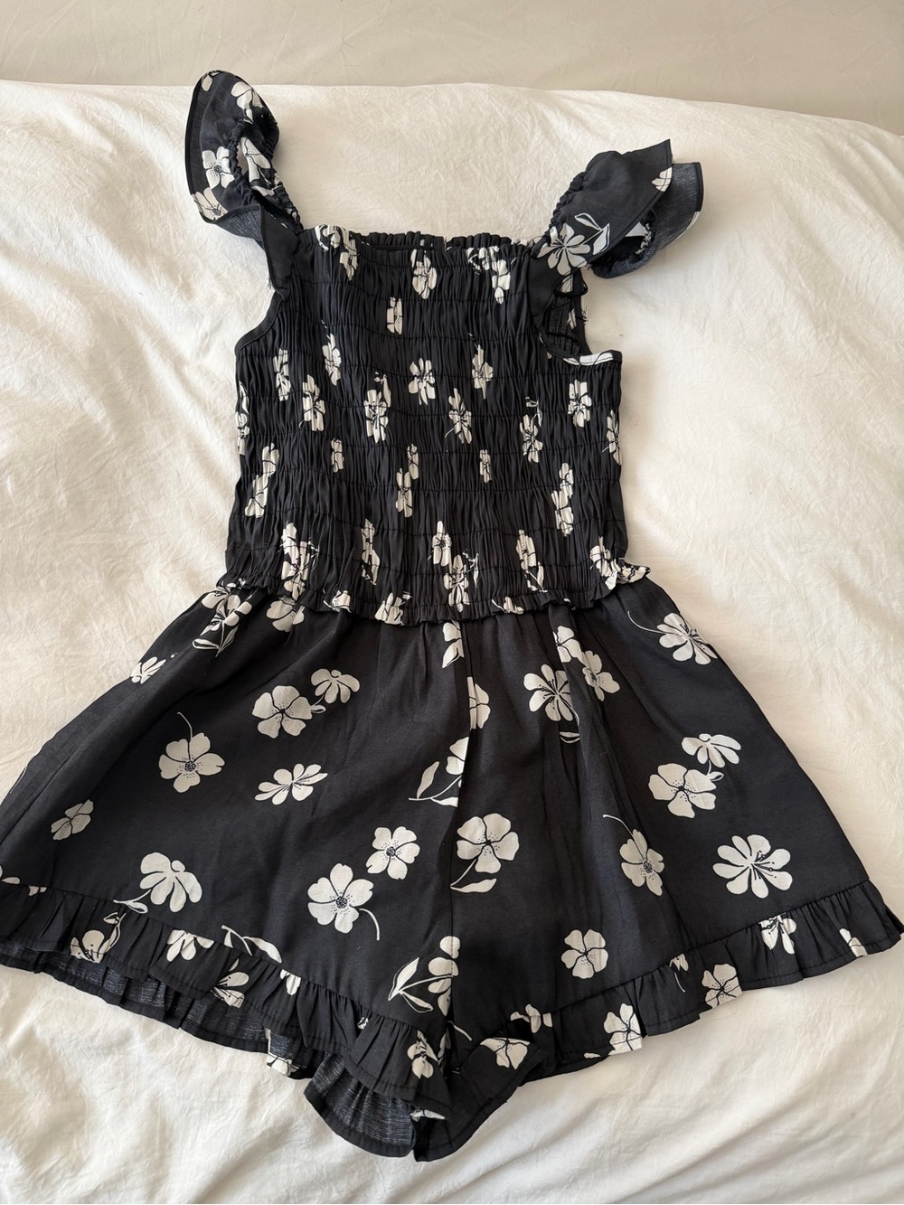 Zara Black Floral Smocked Romper with Ruffle Straps